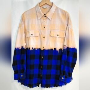 White Birch Women's Fringe Top Size Medium Blue Black Plaid "Bleached" Shacket